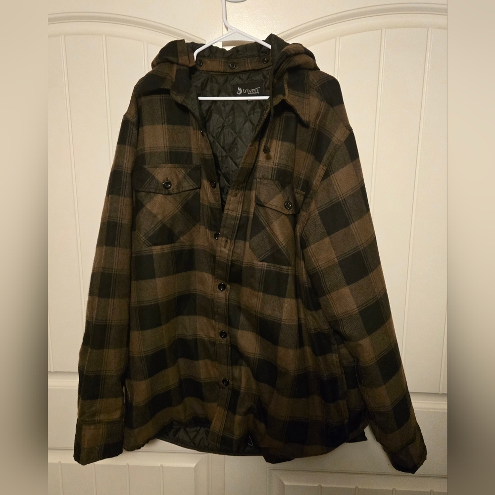 Triveni Flannel Quilted Jacket.  Size 2x, Brown/Black color.  Removable Hood